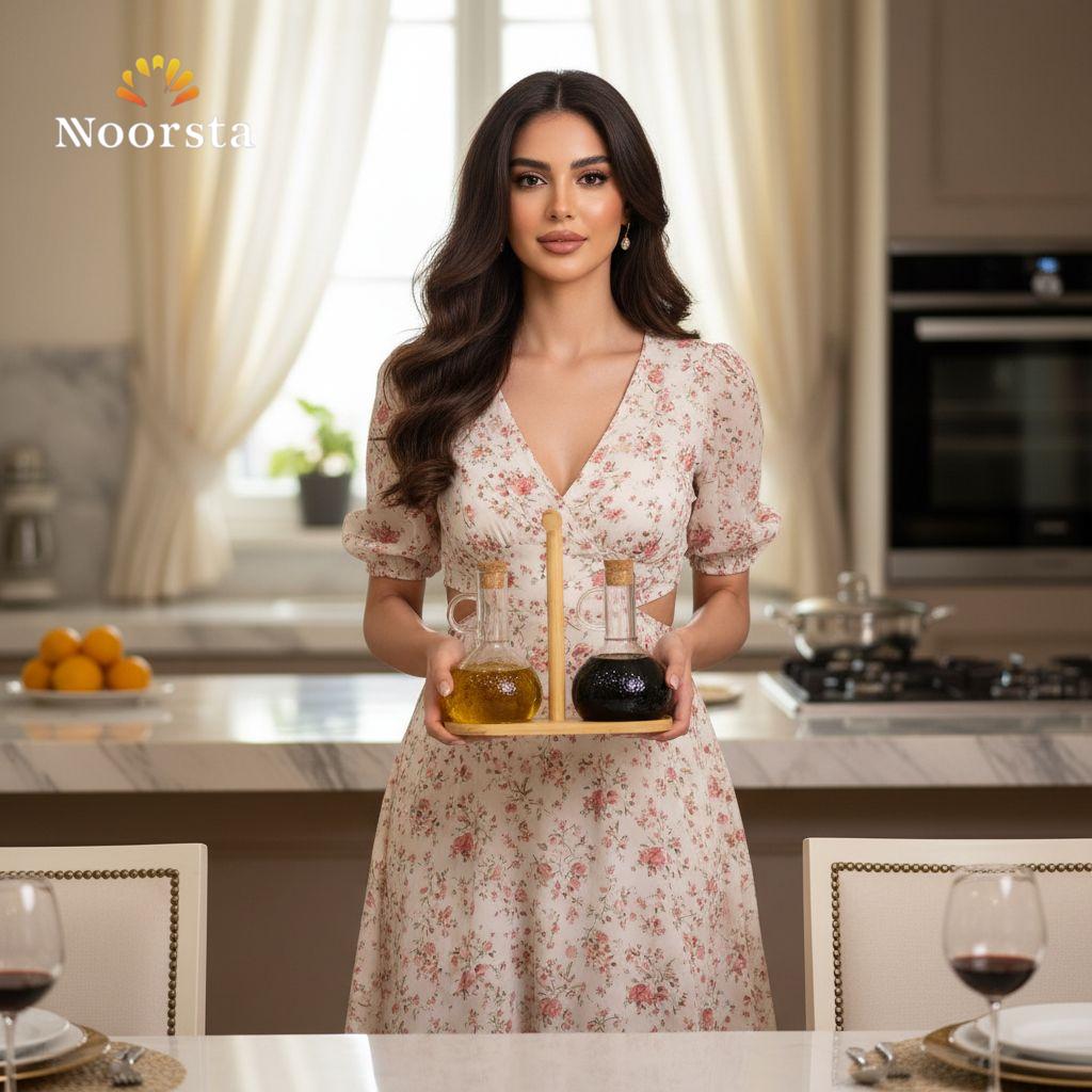 طقم زياتة زجاجي مع حامل خشب - Premium Hammered Glass Cruet Set - Noorsta