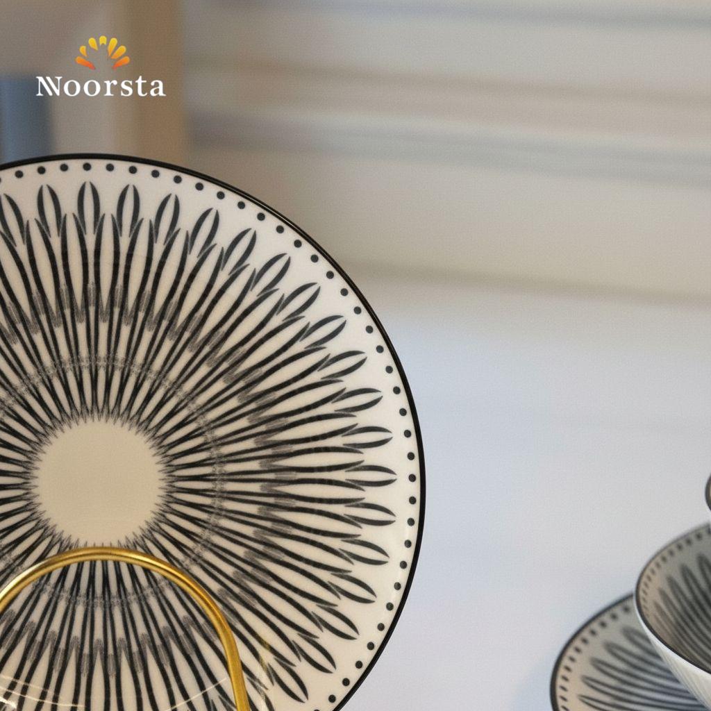 طقم عشاء بورسلين مستورد 24 قطعة بنقشة هندسية - Elegant 24-Piece Imported Porcelain Dinner Set with Geometric Pattern - Noorsta
