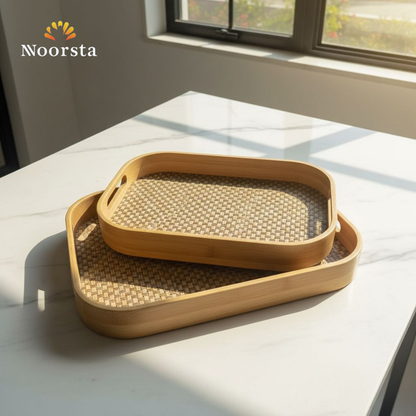 طقم صواني خشب بامبو شيك للتقديم - Authentic Bamboo Woven Serving Tray Set - Noorsta