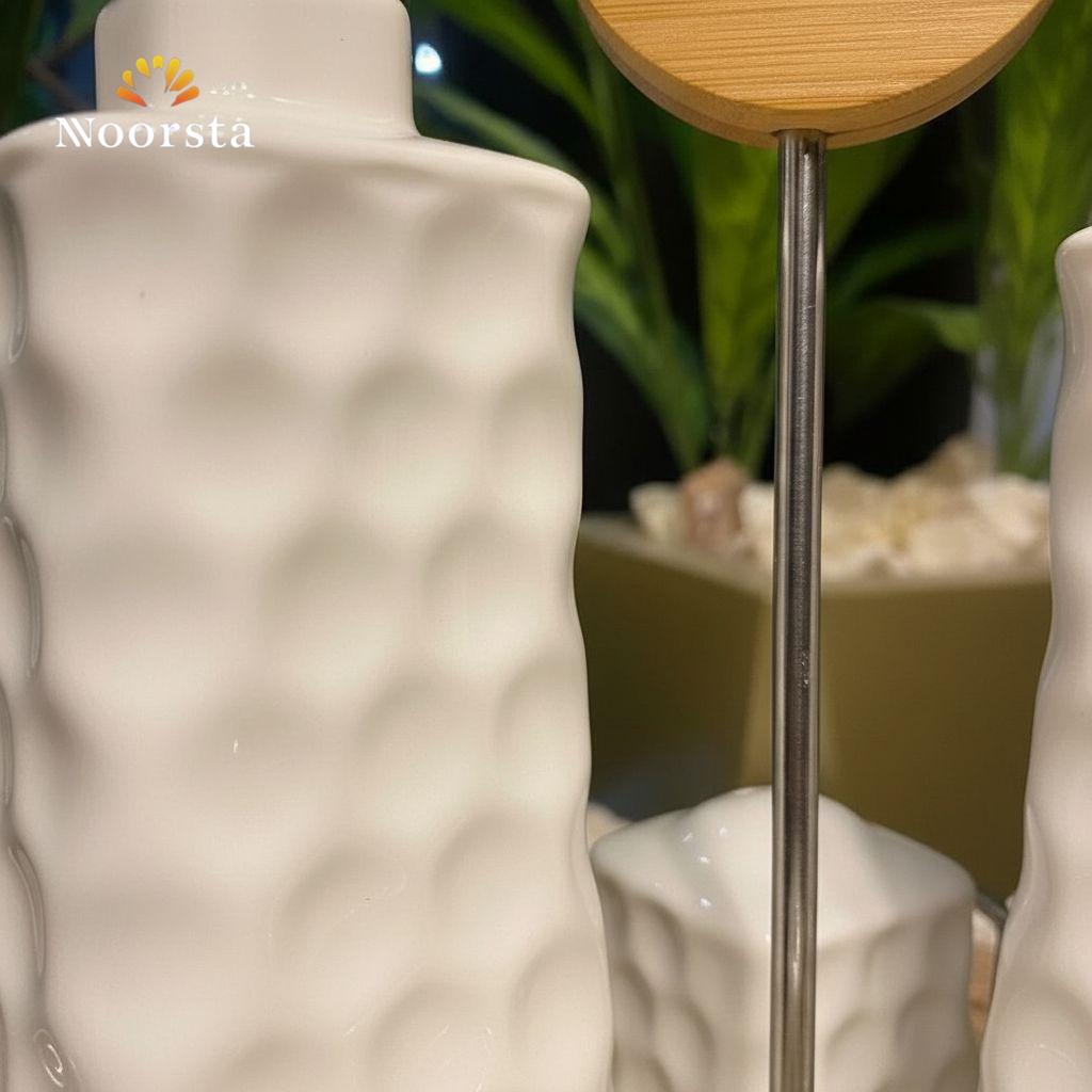 Harmony Honeycomb White Ceramic & Bamboo Condiment Set (5-Piece)