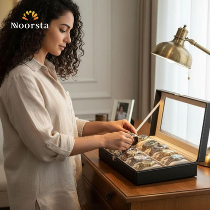 Luxury 12-Slot Leather Watch Organizer Box with Glass Display Top