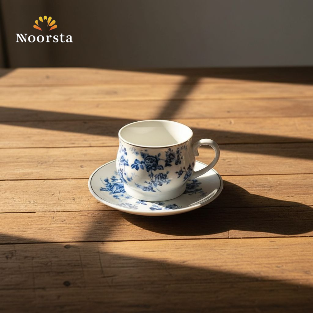 طقم قهوة بورسلين تركي شيك بنقشة زرقا لتقديمات الضيوف - Classic blue floral porcelain coffee set for elegant hosting - Noorsta