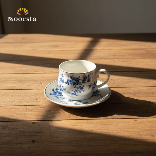 طقم قهوة بورسلين تركي شيك بنقشة زرقا لتقديمات الضيوف - Classic blue floral porcelain coffee set for elegant hosting - Noorsta