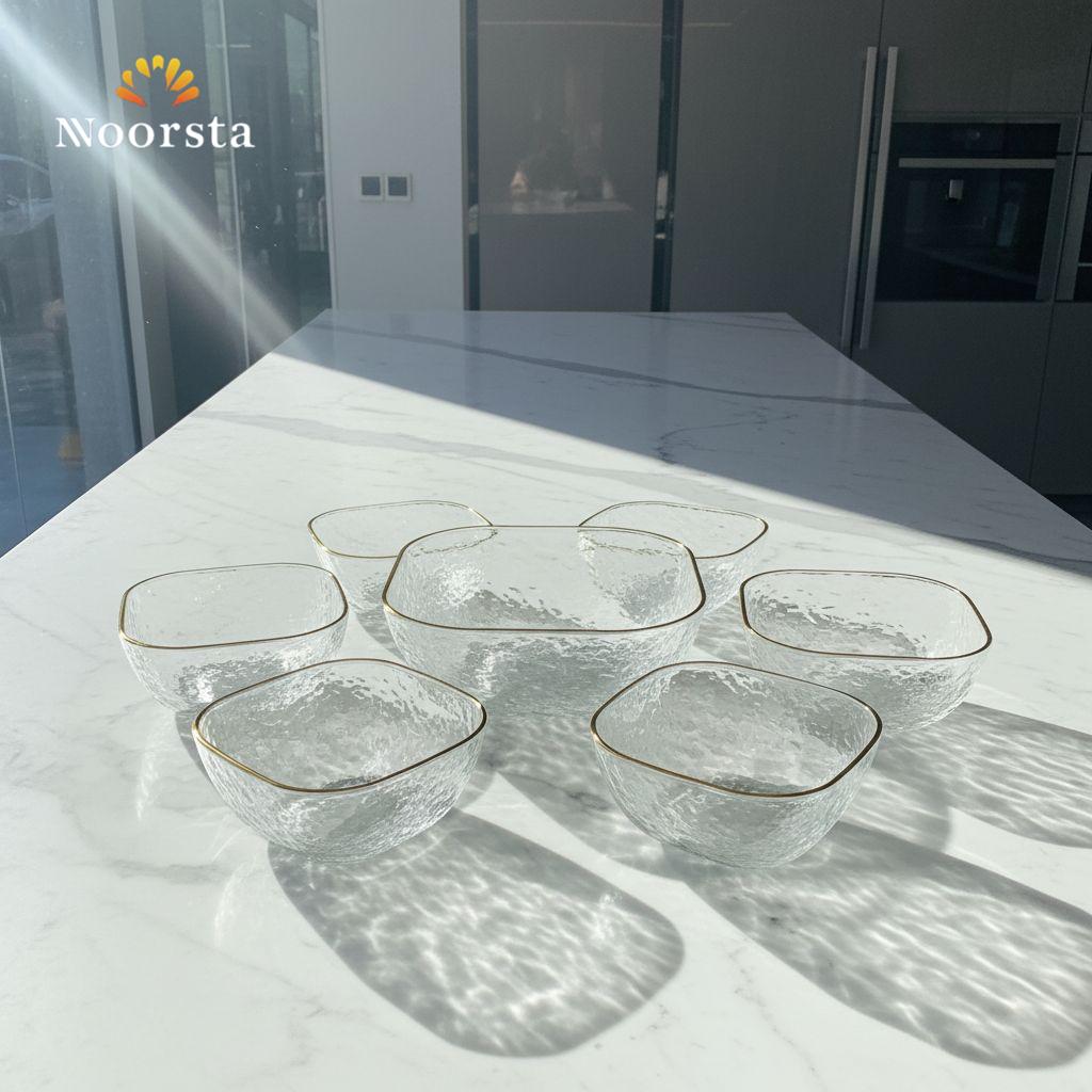 طقم خشاف كريستال منقرش 7 قطع بحواف ذهبية لجهاز العروسة - Hammered Crystal 7-Piece Dessert Bowl Set with Gold Rim - Noorsta