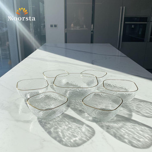 طقم خشاف كريستال منقرش 7 قطع بحواف ذهبية لجهاز العروسة - Hammered Crystal 7-Piece Dessert Bowl Set with Gold Rim - Noorsta