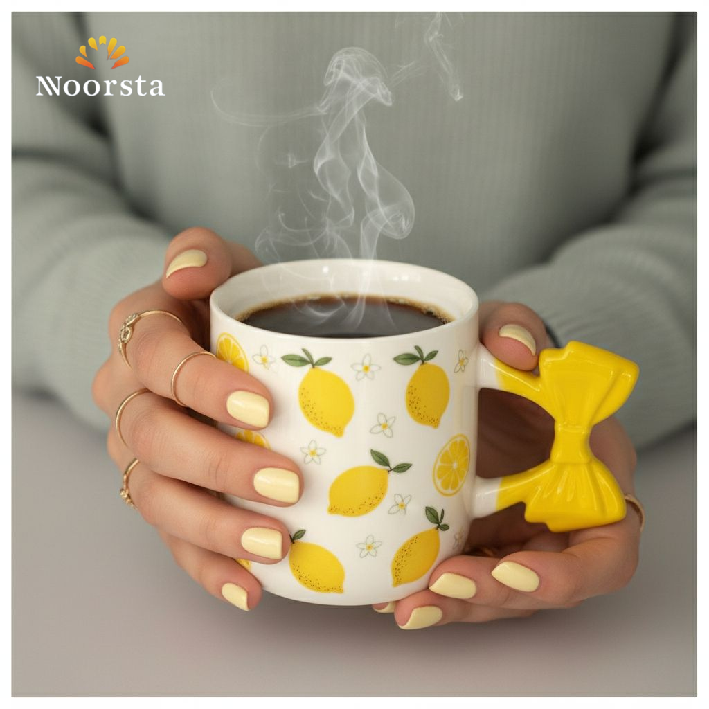 مج بورسلين شيك بنقشة الليمون ويد فيونكة صفراء - Chic Lemon Pattern Porcelain Mug with Yellow Bow Handle - Noorsta