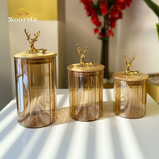 Golden Deer Amber Glass Storage Jars with Bamboo Lids - Set of 3
