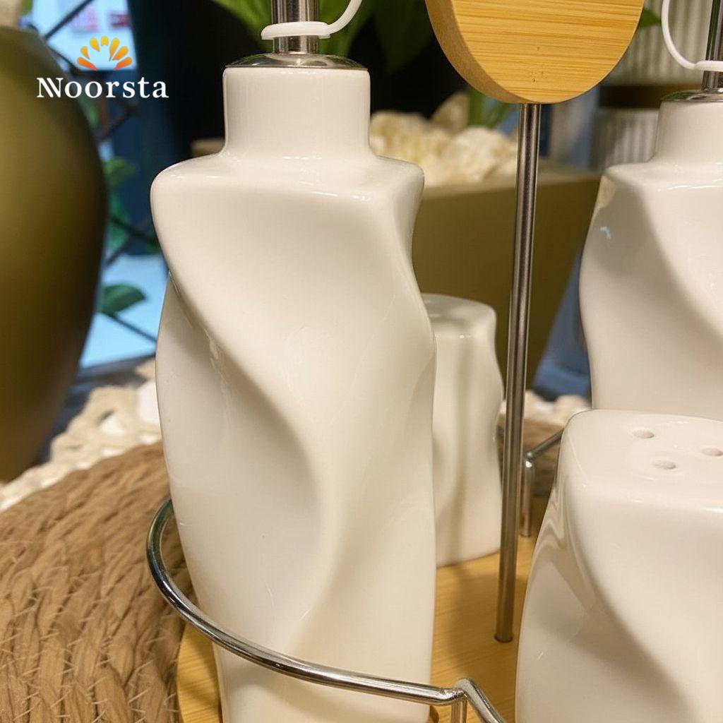 Spiral Elegance Ceramic & Bamboo Condiment Set (5-Piece)