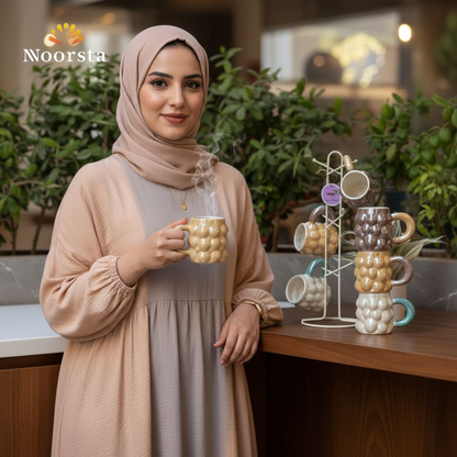 طقم مجات بورسلين بابلز لاستر شيك مع استاند - Modern Luster Bubble Porcelain Mug Set - Noorsta