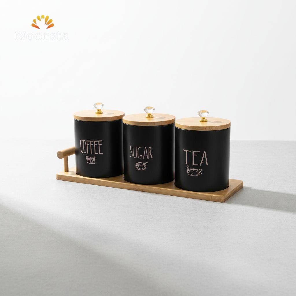 The 'Noir' Matte Black Canister Set with Bamboo Accents & Crystal Knobs - 4 Piece Set