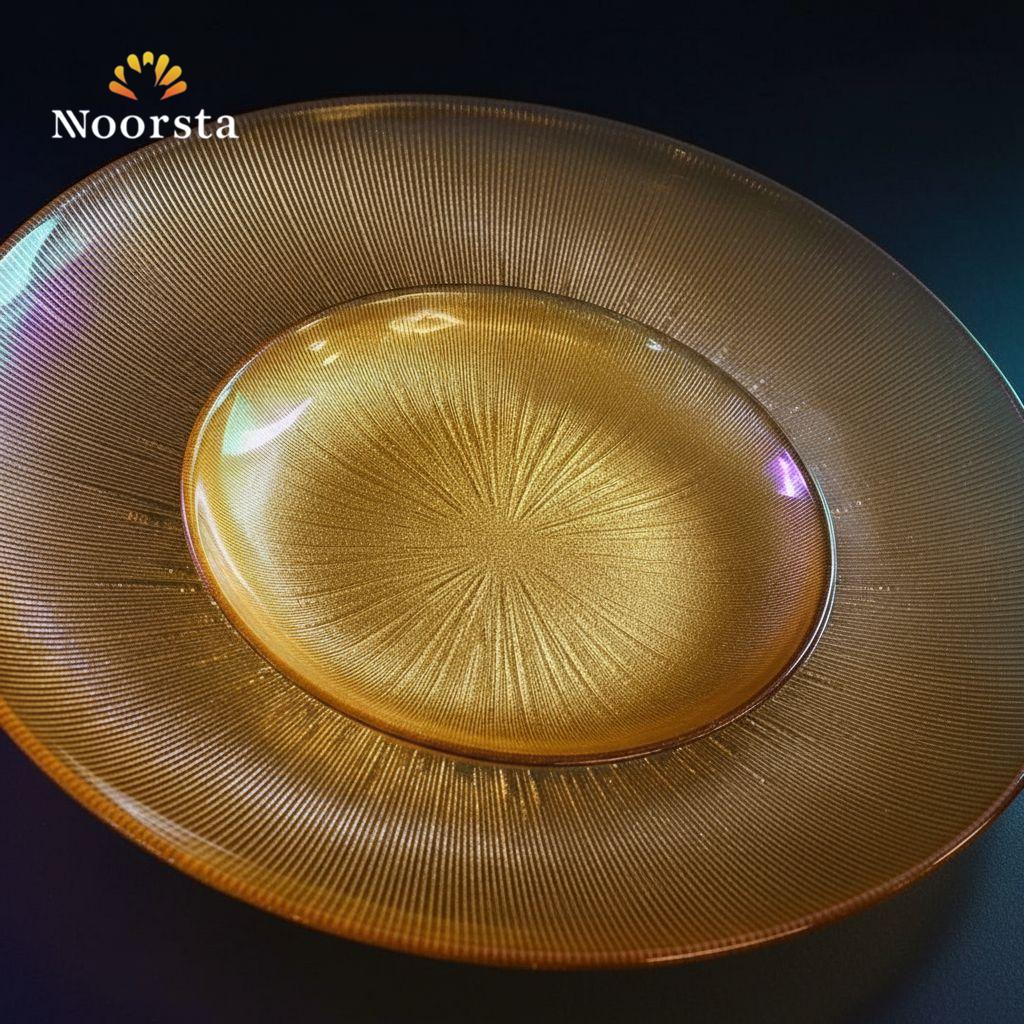 طقم جاتوه دهبي ملكي بخطوط مشعة لتقديم الحلويات - Radiant Gold Glass Dessert Plate Set - Noorsta