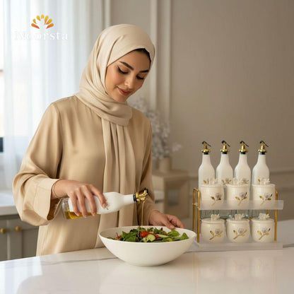 طقم توابل وزياتات شيك لجهاز العروسة - Elegant Floral Porcelain and Glass Spice Set with Acrylic Stand - Noorsta