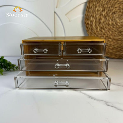 منظم خشب بامبو وادراج اكريليك للميك اب والكوفي كورنر - Premium Bamboo and Acrylic Organizer with Clear Drawers - Noorsta