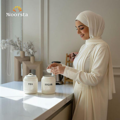 طقم علب شاي وسكر وكوفي كورنر بورسيلين - Minimalist Porcelain Tea Sugar Coffee Canister Set - Noorsta
