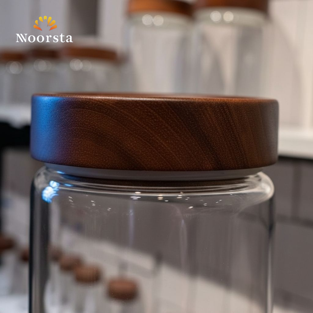 برطمانات بهارات زجاج شيك لتنظيم المطبخ - Minimalist airtight glass storage jars with wooden lids for pantry organization - Noorsta