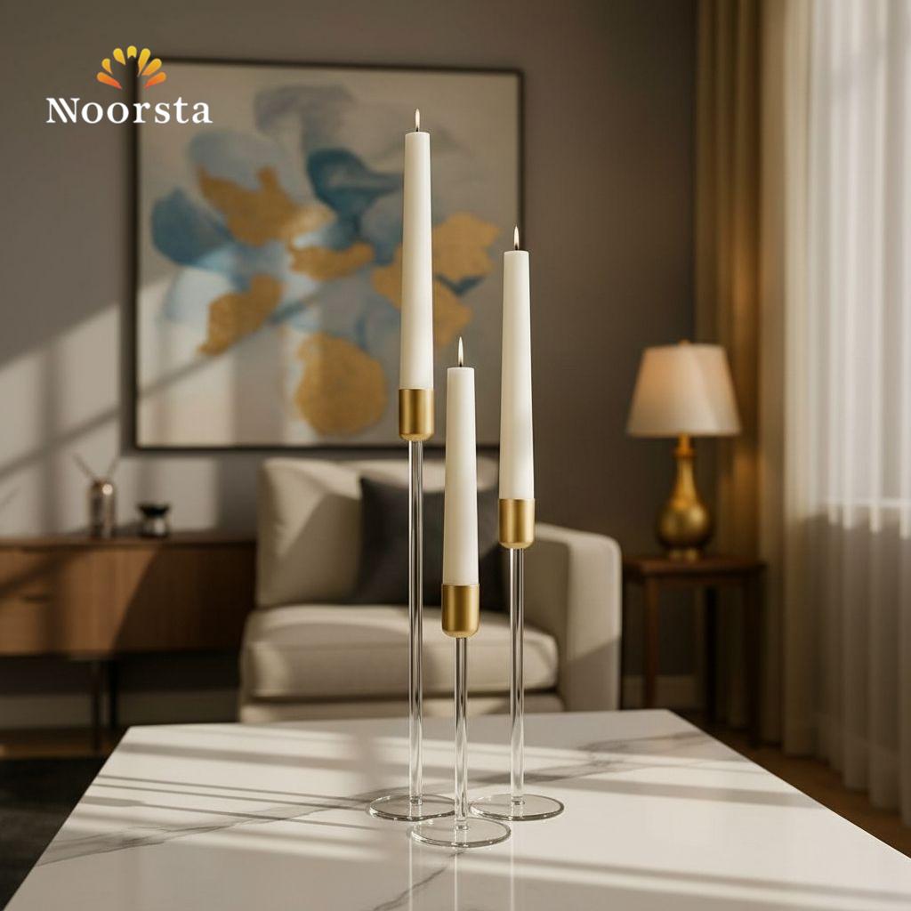 طقم شمعدان أكريلك مودرن 3 قطع بلمسة ذهبية - Modern 3-Piece Acrylic & Gold Candlestick Set - Noorsta