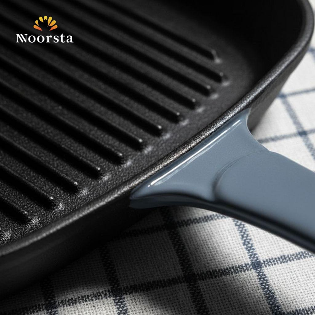 Premium Enameled Cast Iron Square Grill Pan - Slate Grey Handle