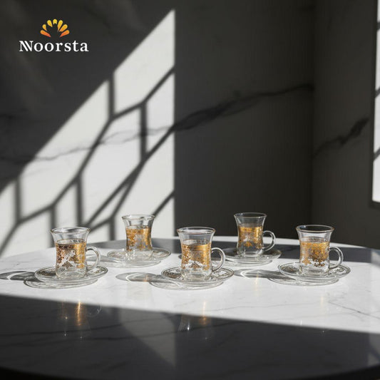 طقم فناجين قهوة استكانة قزاز بنقوش دهبي شيك - Classic 12-piece gold patterned glass istikana cup set - Noorsta