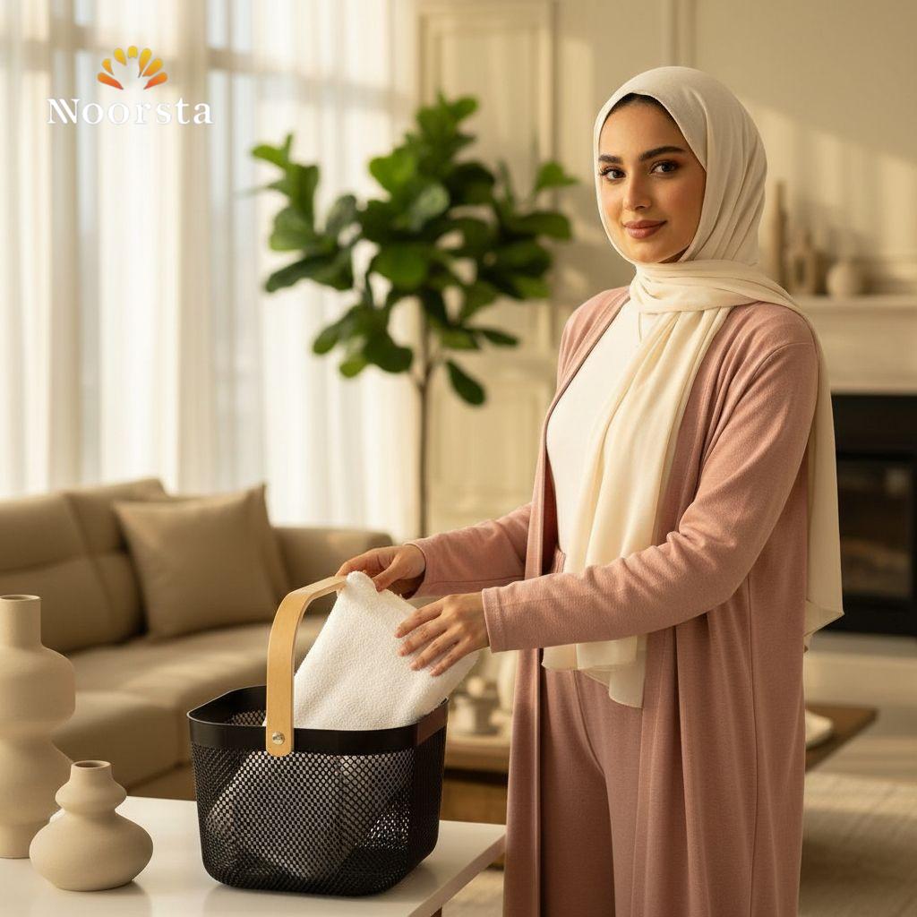 باسكت تخزين بلاستيك شيك بيد خشب - Minimalist Perforated Plastic Storage Basket with Wooden Handle - Noorsta