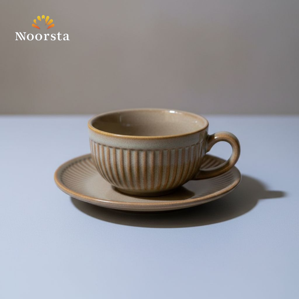 طقم فناجين قهوة بورسلين مضلع شيك لجهاز العروسة - Authentic Ribbed Porcelain Coffee Cup Set with Saucers - Noorsta