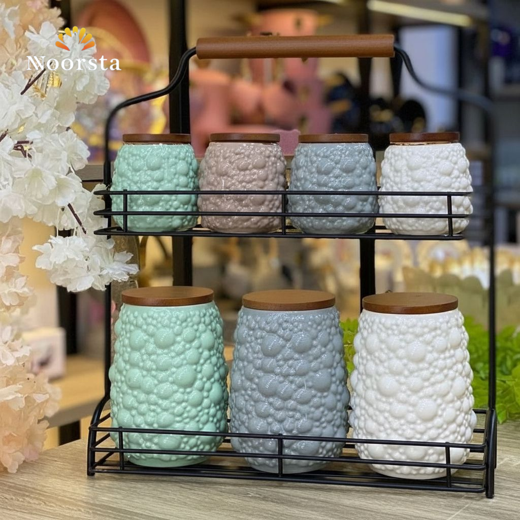طقم توابل بورسلين 7 قطع بألوان تريندي وحامل معدن - Modern Oxford 7-Piece Porcelain Spice Jar Set with Metal Stand - Noorsta