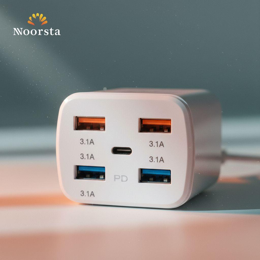 شاحن ذكي 5 مخارج للسفر والمكتب - Smart 5-Port Fast Charger - Noorsta
