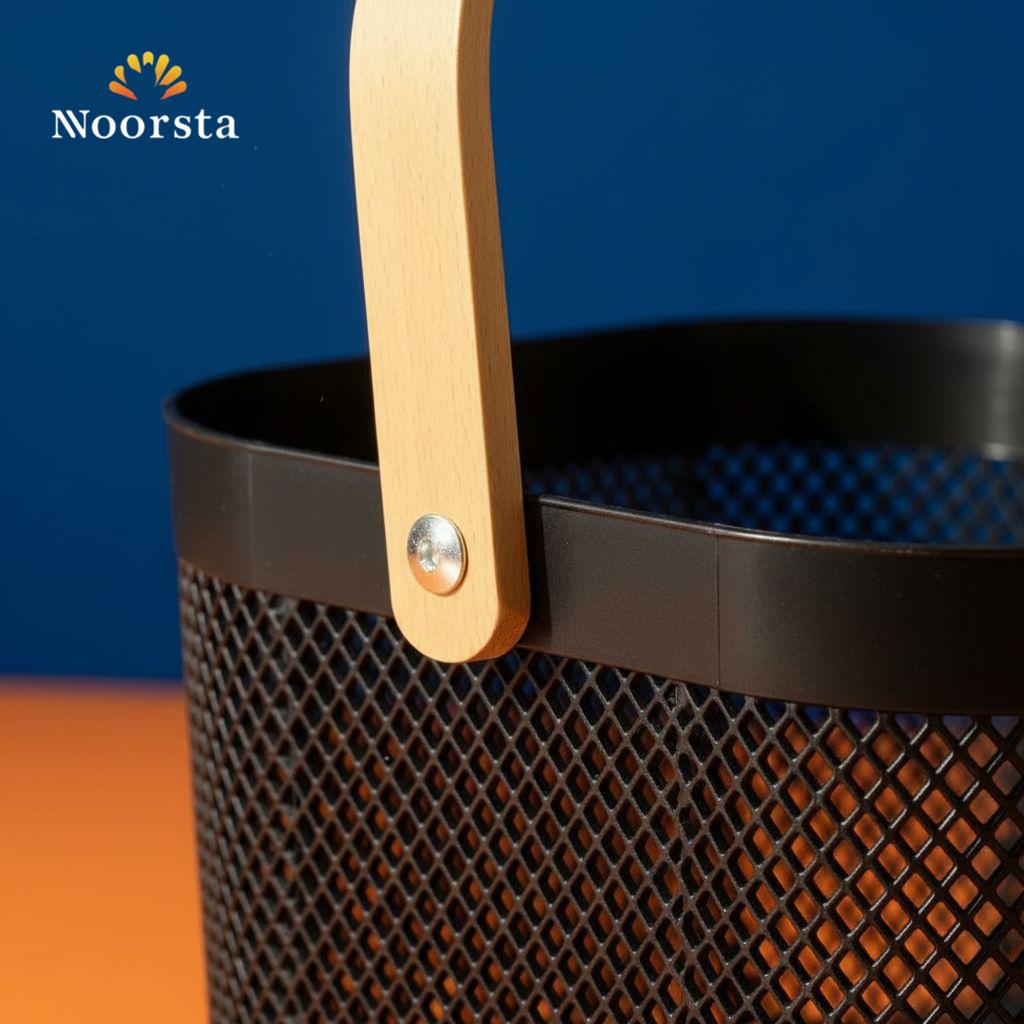 باسكت تخزين بلاستيك شيك بيد خشب - Minimalist Perforated Plastic Storage Basket with Wooden Handle - Noorsta