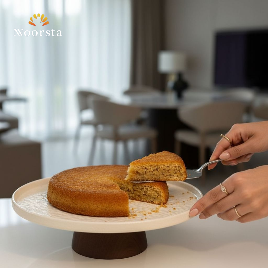 طبق تقديم بورسلين شيك بقاعدة خشب بامبو - Elegant Porcelain Pedestal Serving Plate - Noorsta