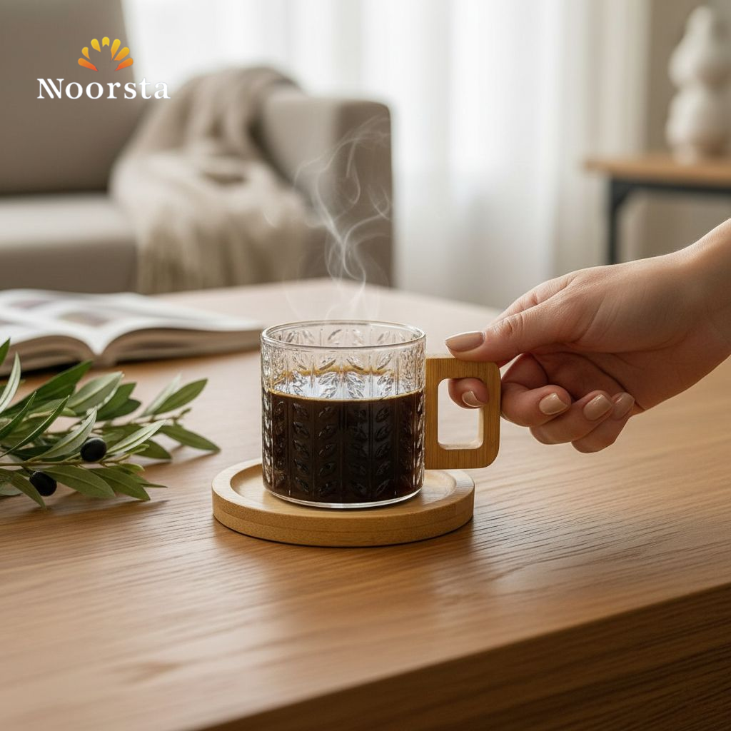 طقم فناجين قهوة بيركس بيد بامبو شيك لتقديمات الضيوف - Elegant Textured Pyrex Coffee Cup Set with Bamboo Handles - Noorsta