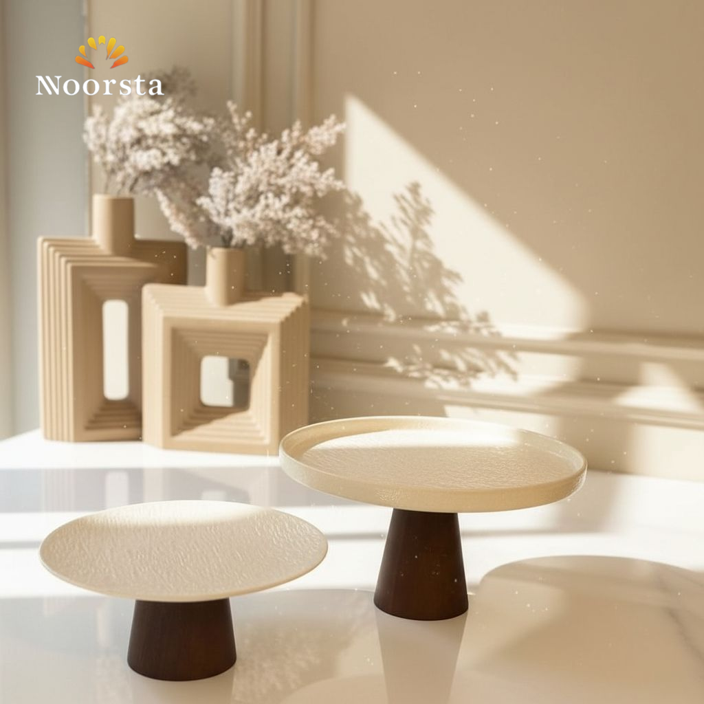 طبق تقديم بورسلين شيك بقاعدة خشب بامبو - Elegant Porcelain Pedestal Serving Plate - Noorsta
