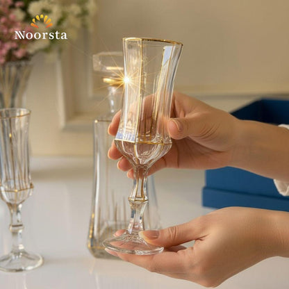 Regal Gold-Pinstripe Crystal Decanter & Flute Set - 7 Pieces