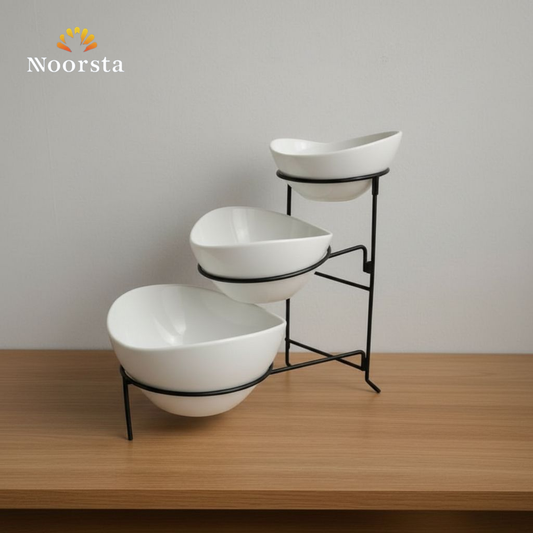 ستاند تقديم سيراميك 3 أدوار للمقبلات - Modern 3-Tier Ceramic Serving Stand with Black Rack - Noorsta