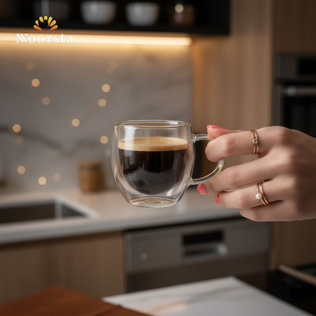مج قهوة دبل جلاس لتقديم الاسبريسو شيك - Modern Double-Walled Espresso Glass Mug - Noorsta