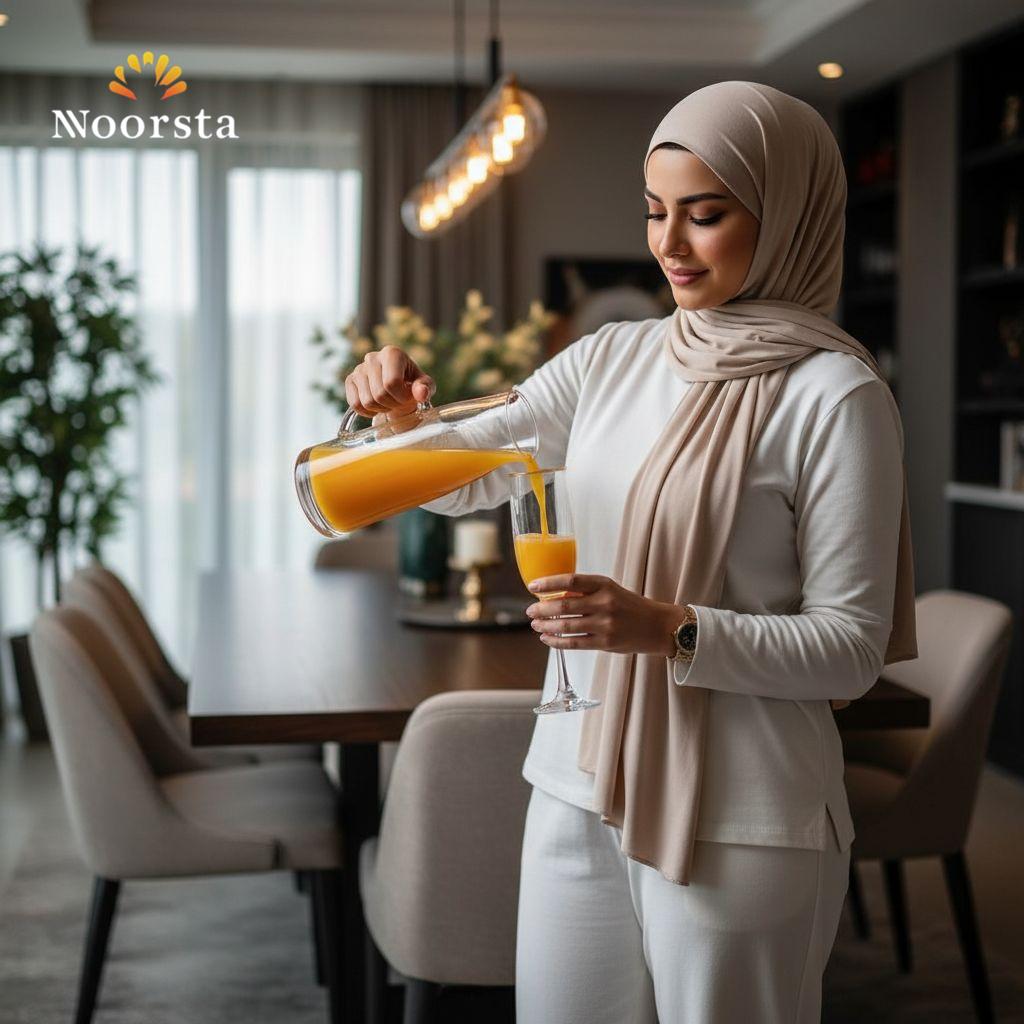 طقم كاسات زجاج طويل وشيك للعصاير والضيافة - Elegant slender glass flutes with gold rim for juice and cocktails - Noorsta