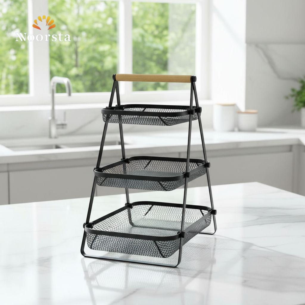 شيالة معدن 3 دور لتنظيم المطبخ وركن القهوة - Modern 3-Tier Metal Organizer Basket with Wood Handle - Noorsta