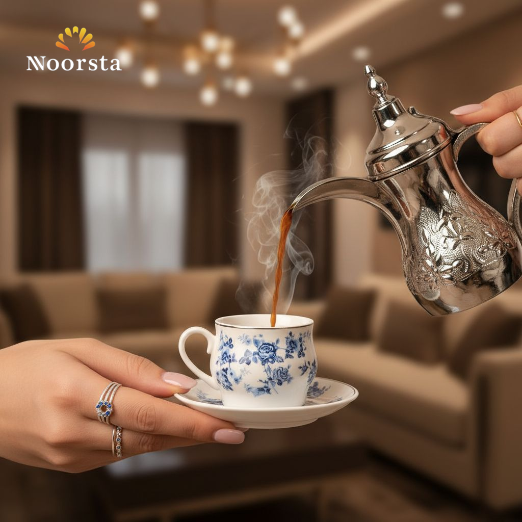 طقم قهوة بورسلين تركي شيك بنقشة زرقا لتقديمات الضيوف - Classic blue floral porcelain coffee set for elegant hosting - Noorsta
