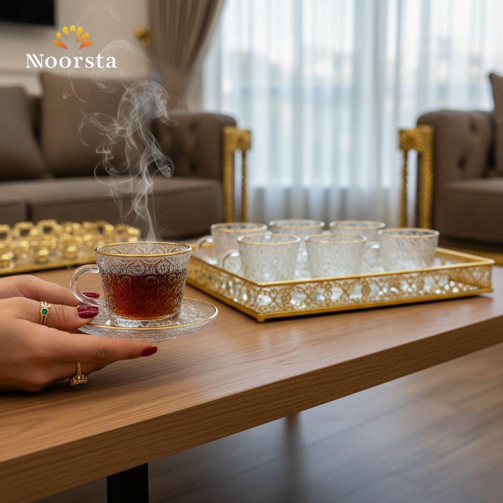 طقم فناجين شاي زجاج كريستال بإطار ذهبي - Elegant Crystal Glass Tea Cup and Saucer Set with Gold Rim - Noorsta