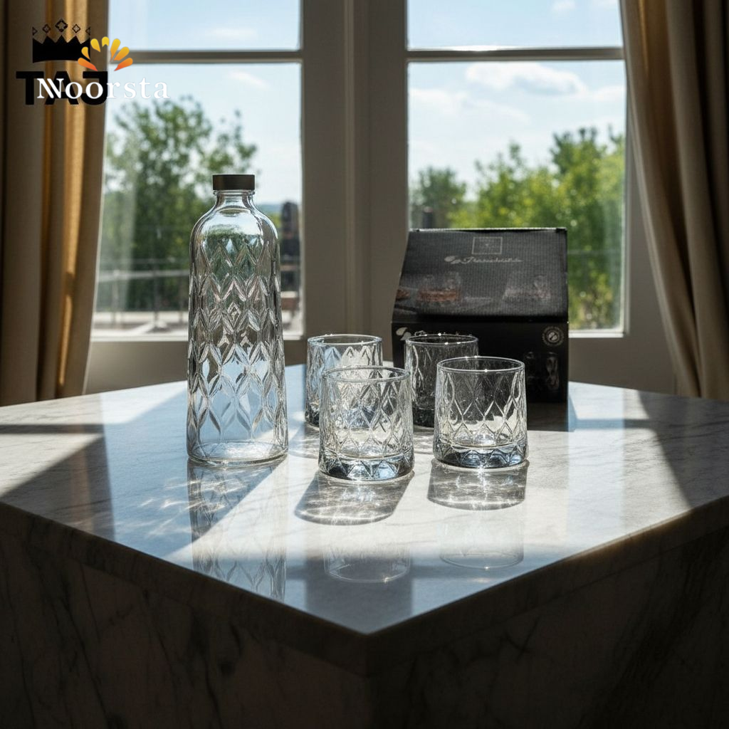 طقم باشباتشي 5 قطع زجاج مستورد بتصميم عصري - Premium Pasabahce 5-Piece Leafy Glass Drinkware Set - Noorsta