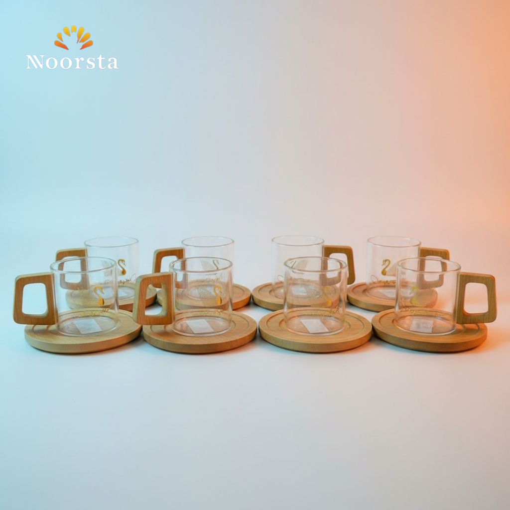 طقم فناجين قهوة بايركس بيد خشب طبيعي وأطباق خشبية - Modern Pyrex Glass Coffee Cup Set with Wooden Handles - Noorsta