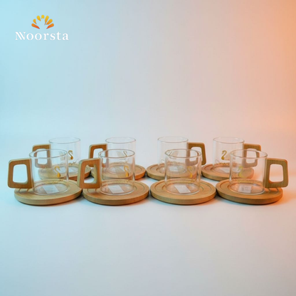 طقم فناجين قهوة بايركس بيد خشب طبيعي وأطباق خشبية - Modern Pyrex Glass Coffee Cup Set with Wooden Handles - Noorsta