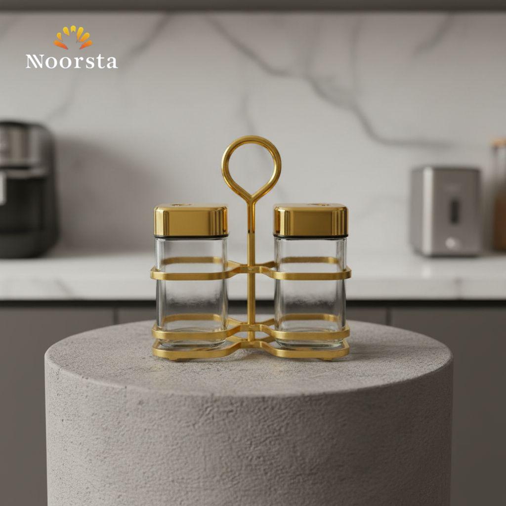 Royal Gold & Glass Twin Spice Shaker Set with Carrier Stand