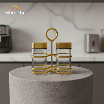 Royal Gold & Glass Twin Spice Shaker Set with Carrier Stand