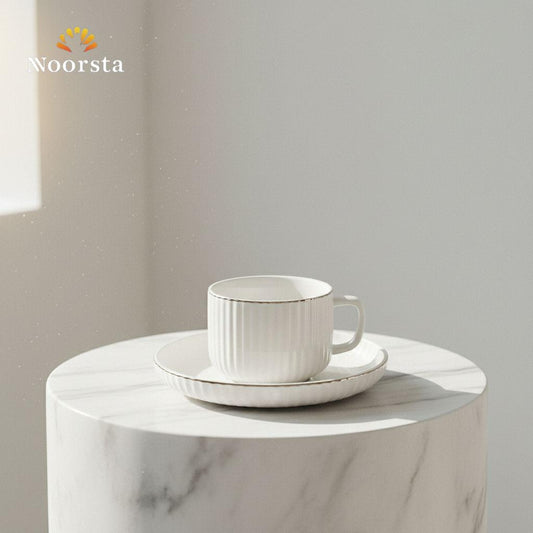 طقم فناجين قهوة شيك للضيافة - Elegant White Ribbed Coffee Cup Set with Silver Trim - Noorsta