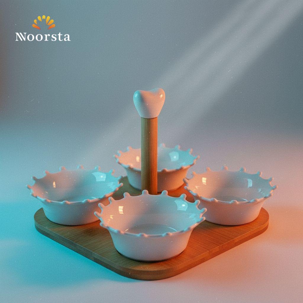 طقم تسالي بورسلين 4 قطع بحامل خشب للتقديم - Luxury 5-Piece Porcelain Snack Bowl Set with Wooden Stand - Noorsta