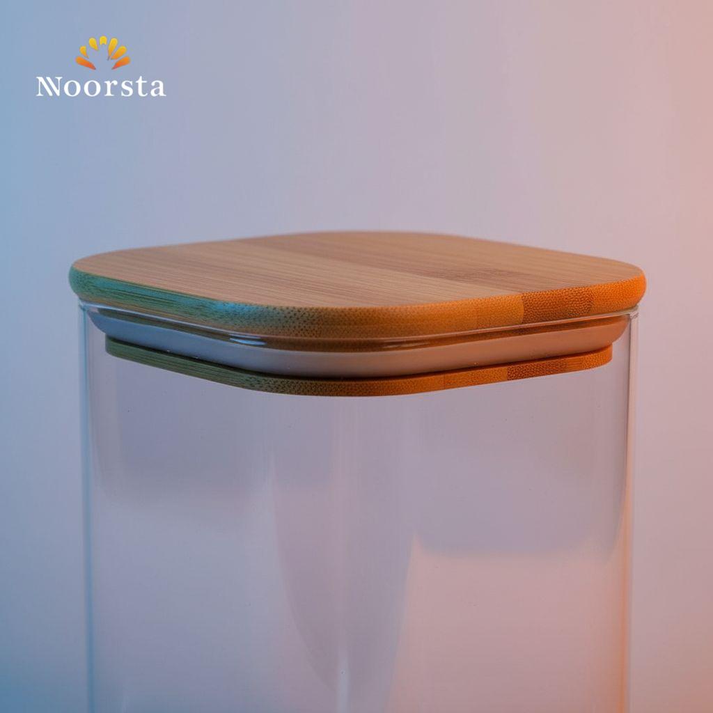 برطمانات قزاز للتوابل والبقوليات - Minimalist Square Glass Storage Jar with Wooden Lid - Noorsta