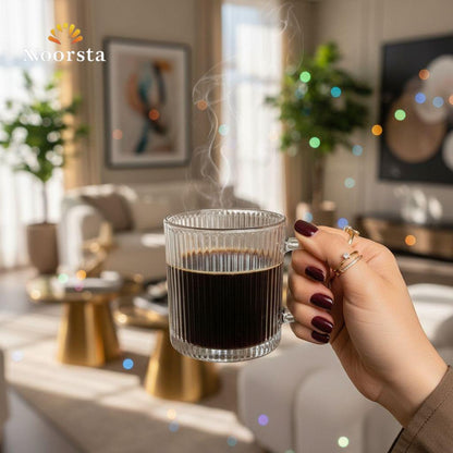 مج قزاز مضلع شيك للقهوة واللاتيه - Modern Ribbed Iridescent Glass Coffee Mug - Noorsta