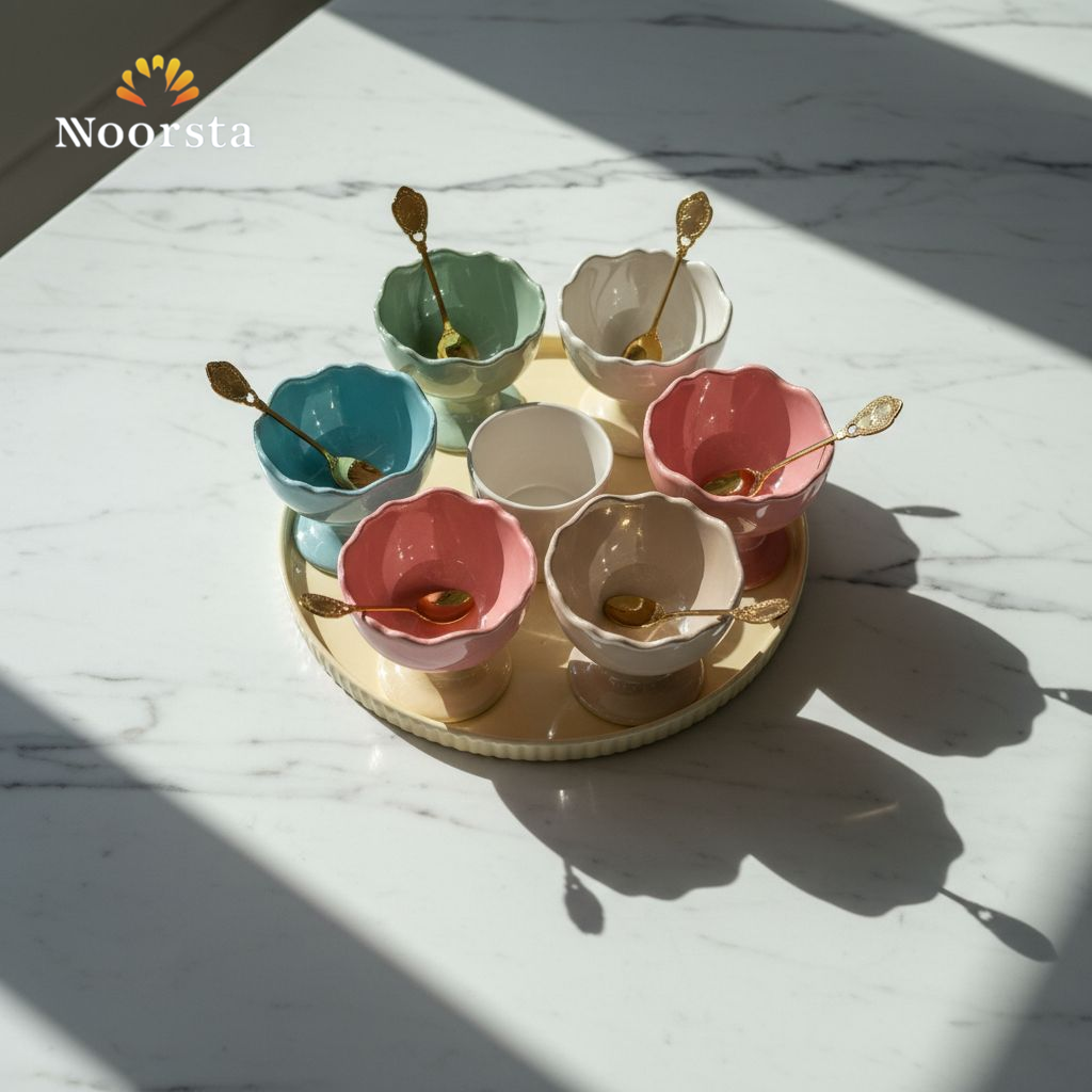 طقم جيلي وفروت سلاط بورسلين لاستر دوار - Elegant Luster Porcelain Dessert Set with Rotating Tray - Noorsta