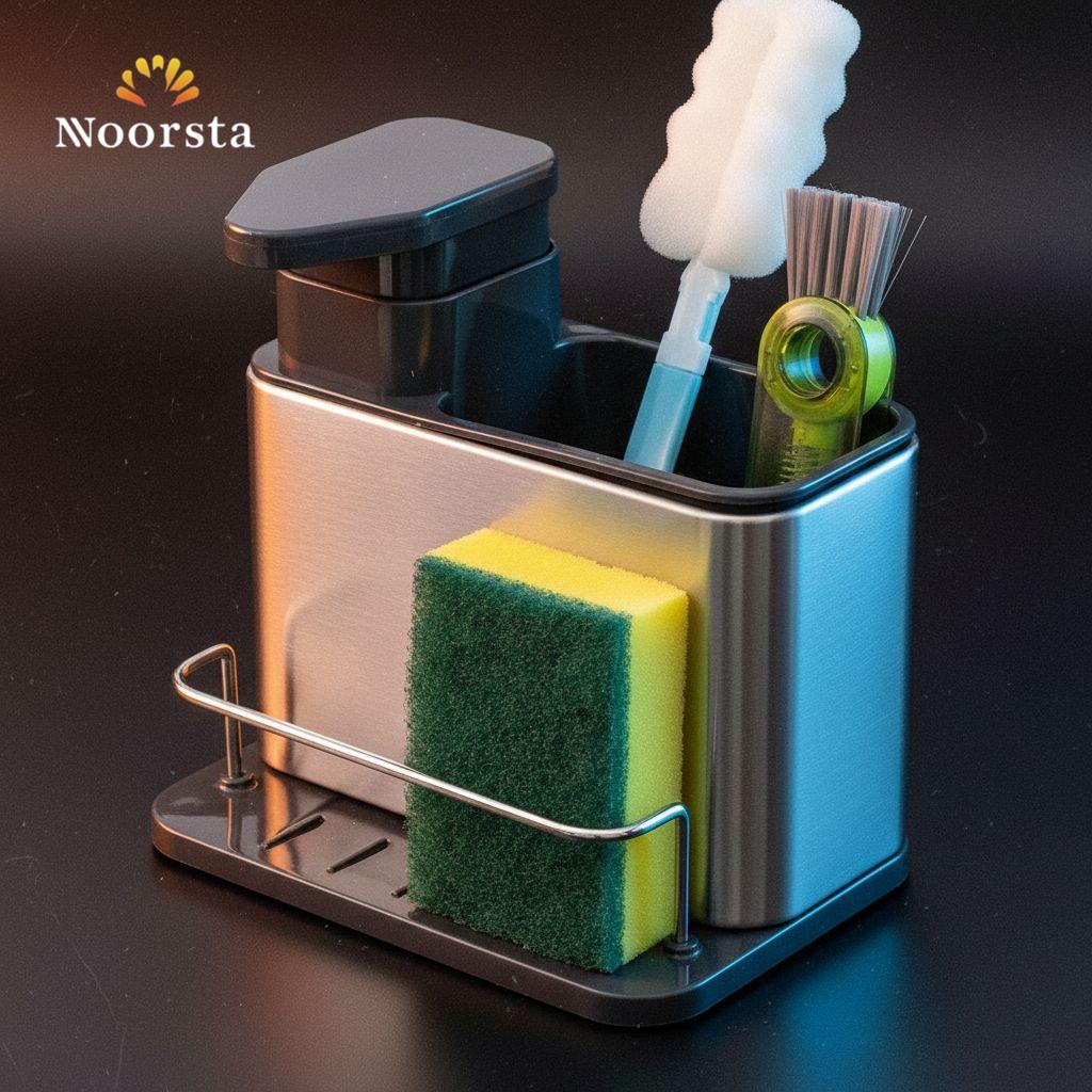 منظم حوض المطبخ ودسبنسر صابون استانلس - Modern 3-in-1 Stainless Steel Sink Organizer - Noorsta