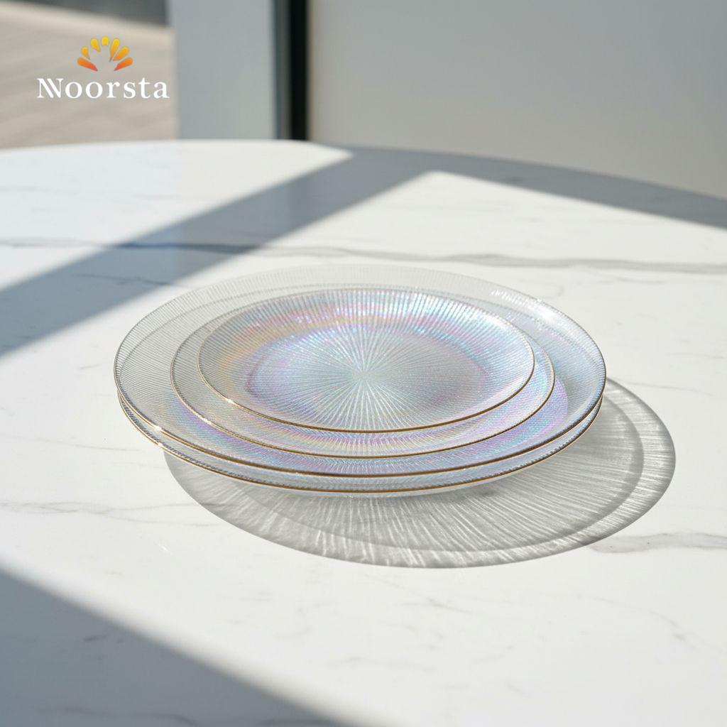 طقم أطباق جاتوه زجاج مضلع بألوان الطيف - Iridescent Ribbed Glass Gateau Plate Set - Noorsta