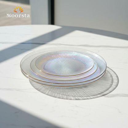 طقم أطباق جاتوه زجاج مضلع بألوان الطيف - Iridescent Ribbed Glass Gateau Plate Set - Noorsta